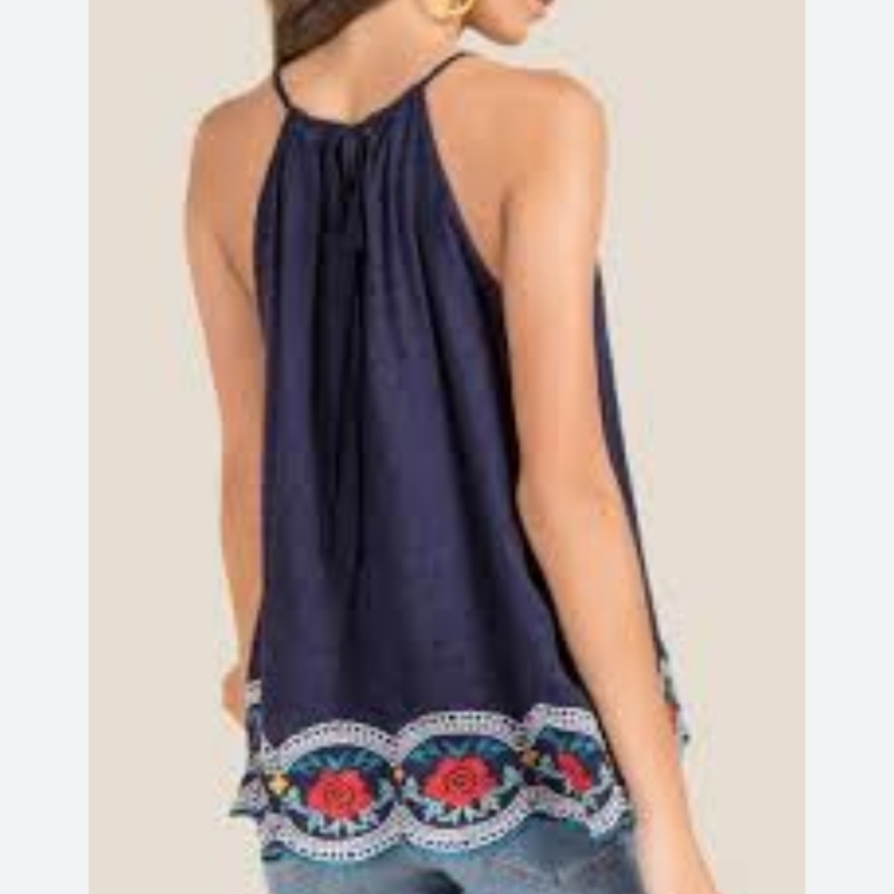 Francesca's Alya Navy Halter Swiss Dot Swing Top with Rose Embroidery size S